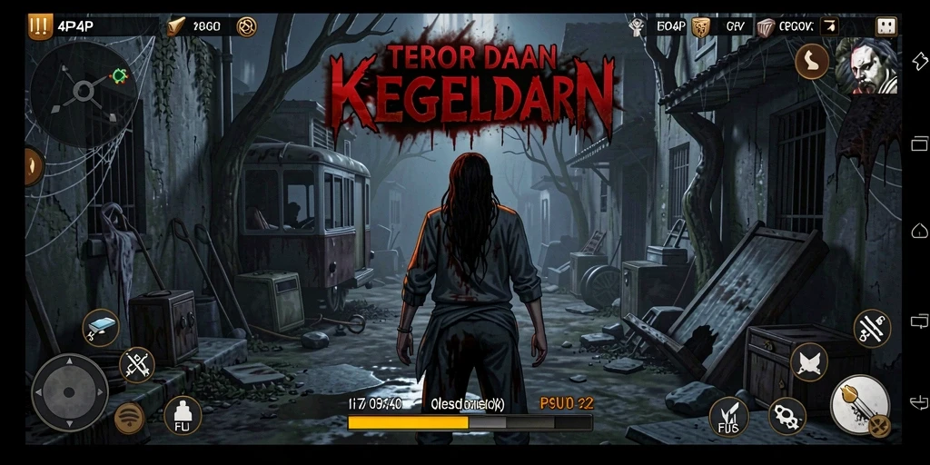 Tangkapan layar gameplay 4P4P menunjukkan suasana mencekam dan makhluk menyeramkan.