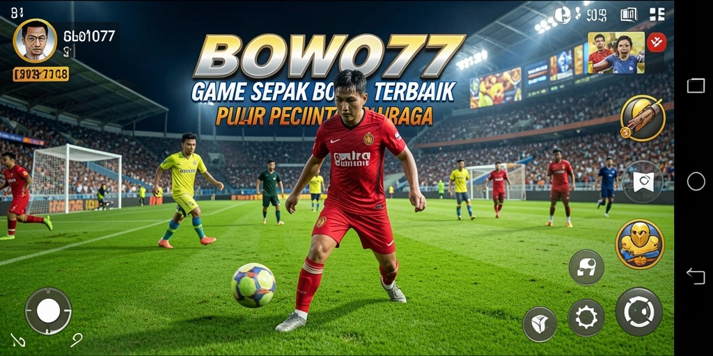 Tampilan penuh aksi gameplay BOWO77 dalam pertandingan sepak bola.