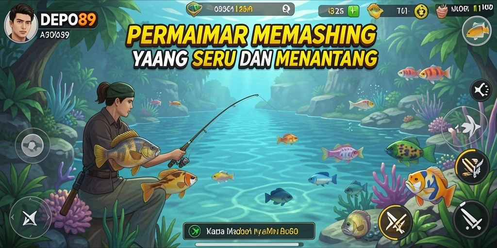 Tampilan gameplay DEPO89 dengan berbagai jenis ikan yang menanti untuk ditangkap.