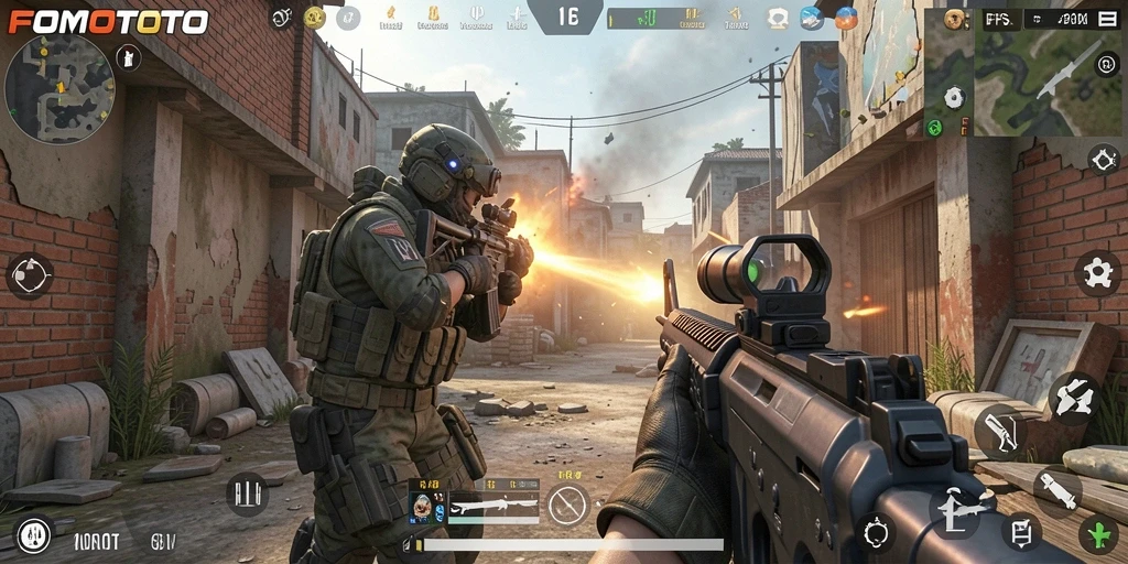 Gameplay FOMOTOTO dengan aksi pertempuran FPS yang intens.