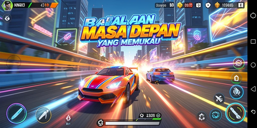 Screenshot KING403 menampilkan aksi balapan yang mendebarkan di lintasan yang berliku.