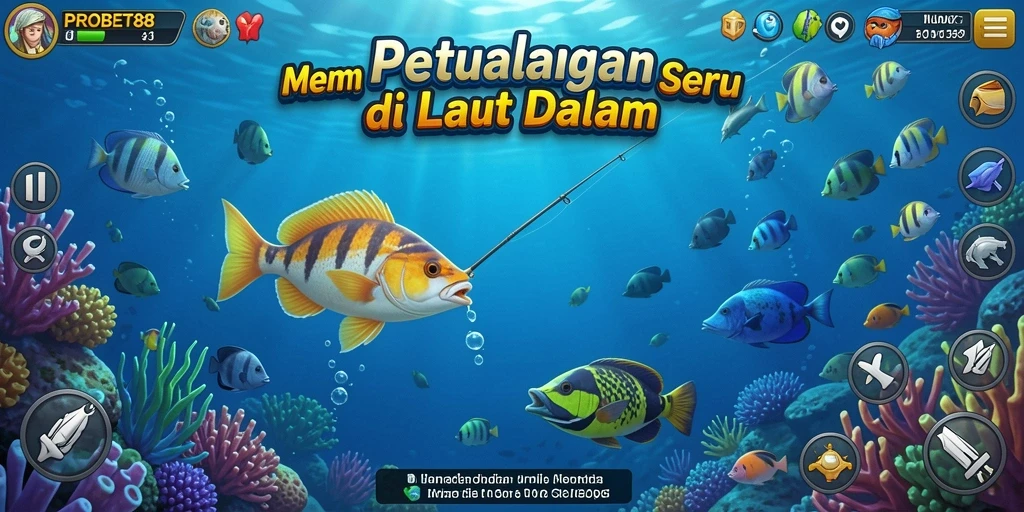 Tampilan menarik dari gameplay memancing di laut dalam dengan beragam ikan.