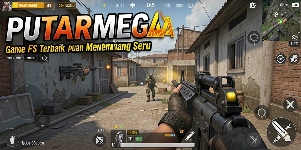 Screenshot utama PUTARMEGA menampilkan aksi menembak yang intens.