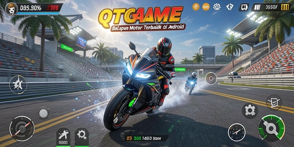 Tampilan utama gameplay QTGAME dengan aksi balapan motor seru.