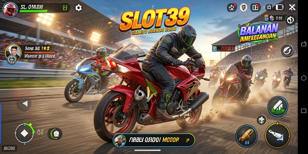 Tampilan gameplay SLOT39 dengan aksi balapan motor yang mendebarkan.
